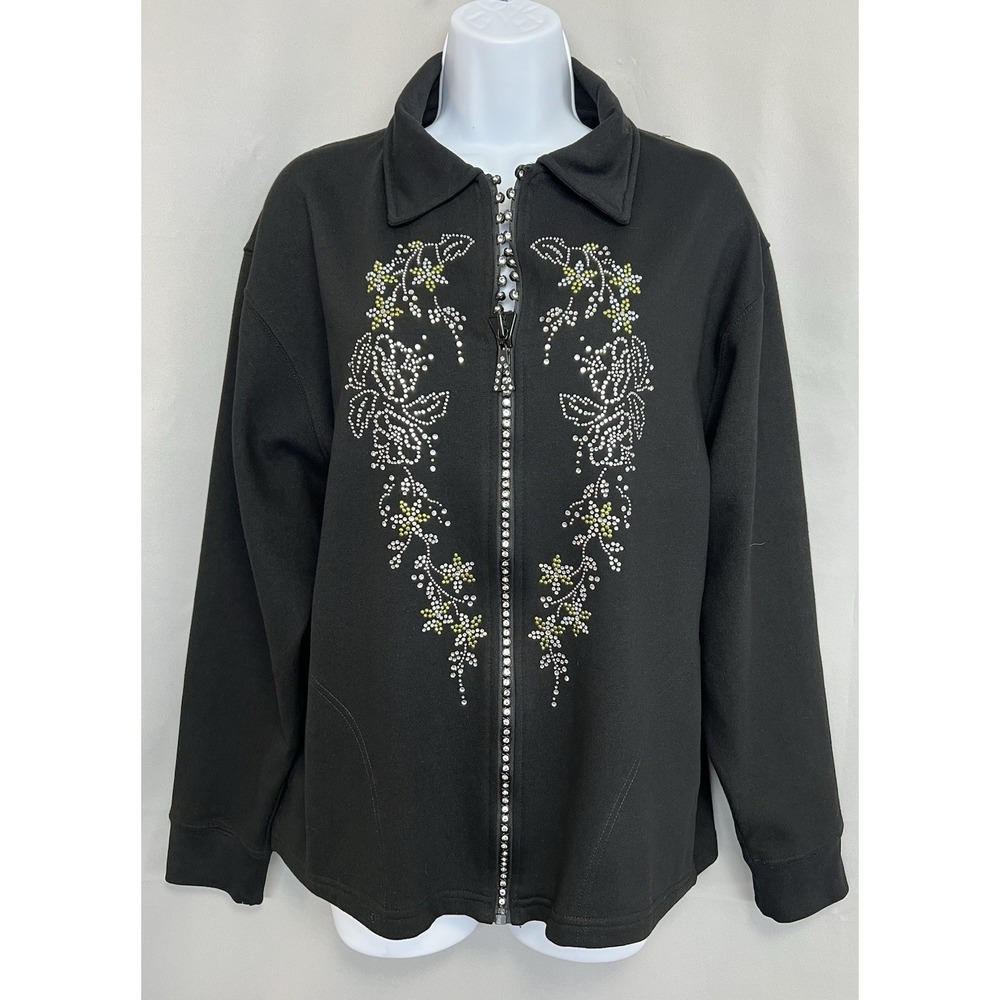 Isaac's Designs Black Sweatshirt Rhinestone Floral Zip Front Jacket Sz X-Large